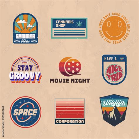 Groovy logo set. 1960s, 1970s Retro logo designs. 9 Vector retro 70's logos set. Retro prints ...