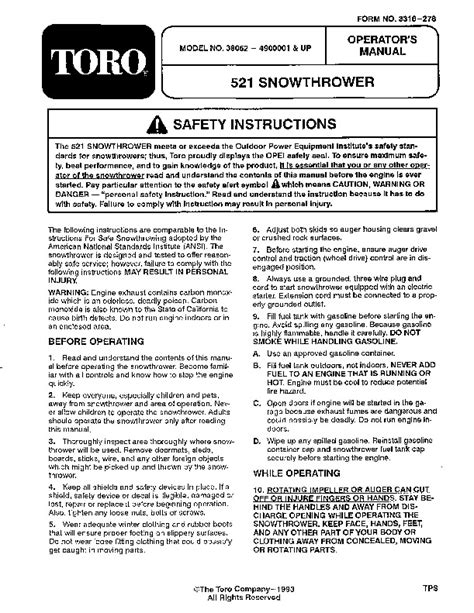 Toro 38052 521 Snowblower Manual, 1994