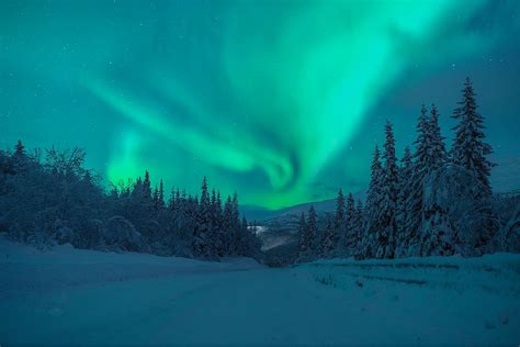 Download Mountain Light Snow Night Road Winter Nature Aurora Borealis ...