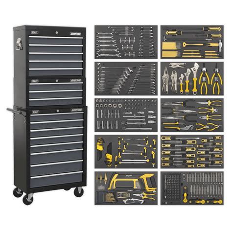 Tool Chest Combination 16 Drawer with Ball Bearing Slides - Black/Grey & 420pc Tool Kit - Anvil Tool