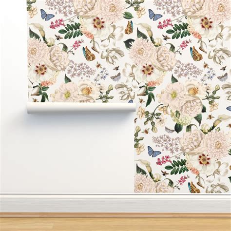 14" White Vintage Floral antiqued Wallpaper | Spoonflower