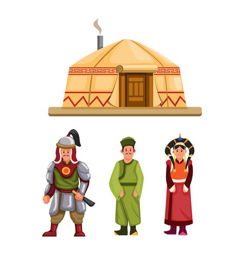 Mongolian traditional clothes and building character set in cartoon illustration vector 4595460 ...