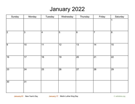 Basic Calendar for January 2022 | WikiDates.org