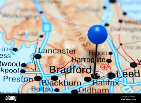 Bradford pinned on a map of UK Stock Photo - Alamy