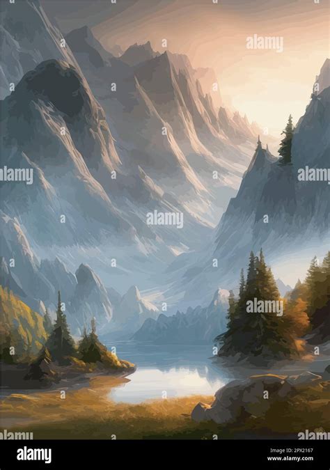 Mountain and lake Landscape. Cartoon rocky mountains, forest and river ...