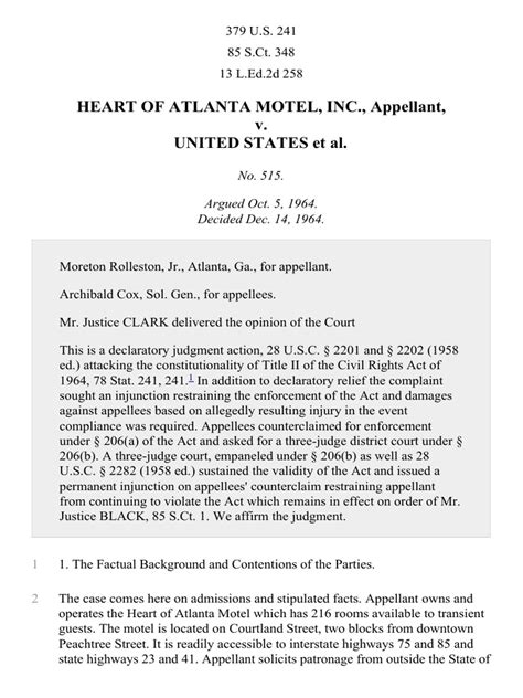 Heart of Atlanta Motel, Inc. v. United States, 379 U.S. 241 (1965 ...