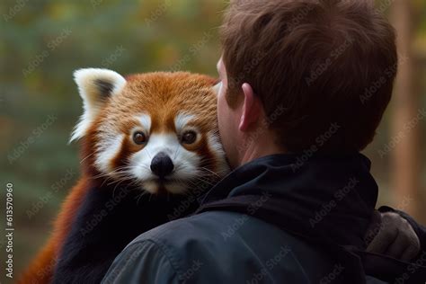 Cute red panda face portrait close-up. Wild fluffy red panda hugging with man. A rare animal ...