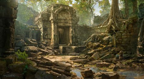 an artist's rendering of ruins in the jungle