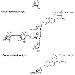 Chemical structure of triterpene glycoside frondoside A, A 2-2, and A 4-2. | Download Scientific ...