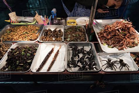 Street food of deep fried insects and bugs, Bangkok, Thailand ...