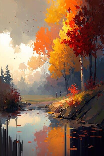 Premium AI Image | Painting of a river with autumn leaves