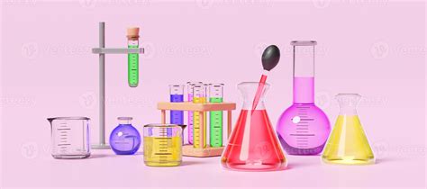 3d science experiment kit with beaker, test tube isolated on pink ...