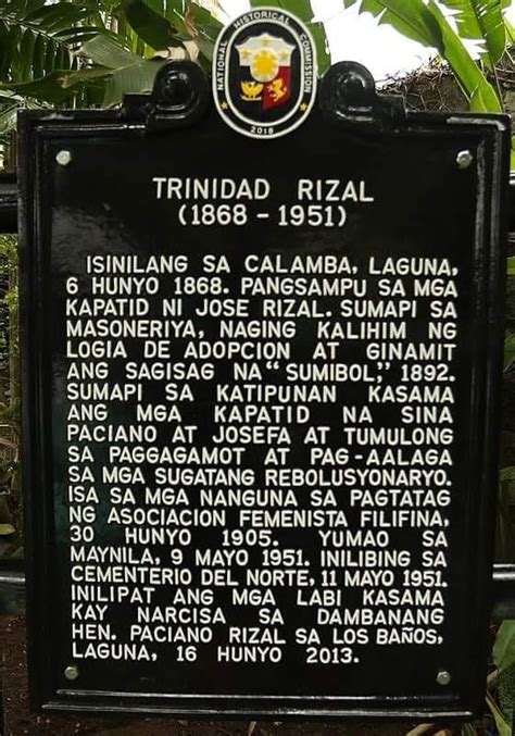 Trinidad Rizal, sister of Dr. Jose... - Lodge Keystone No. 27