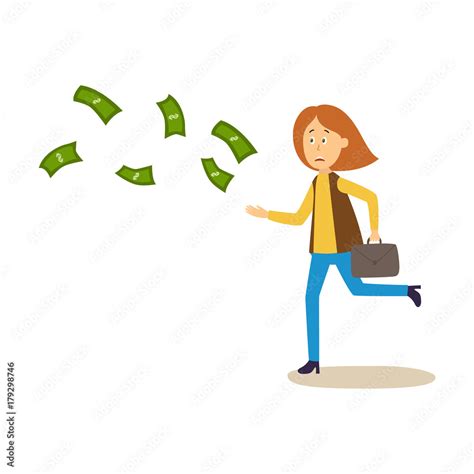 Sad, upset woman running after money flying away, cartoon vector illustration isolated on white ...