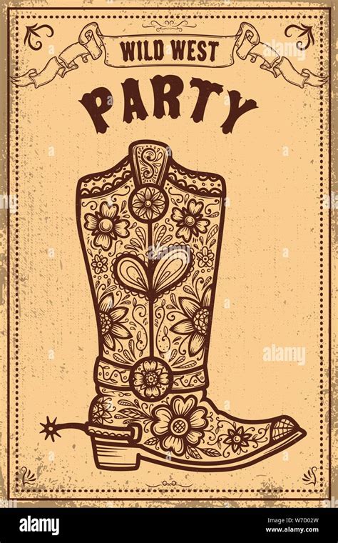 Wild west party. Poster template with cowboy boot on grunge background ...