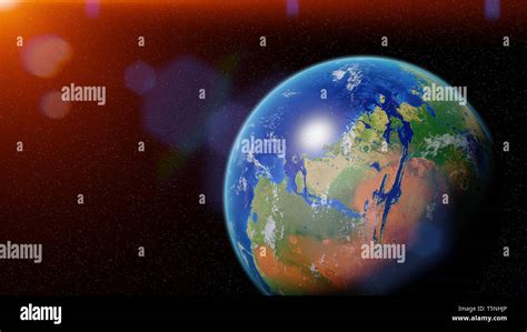 sunrise over terraformed Mars, plants and oceans on the red planet ...