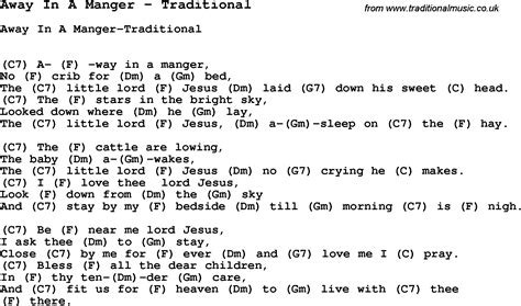 Song Away In A Manger by Traditional, song lyric for vocal performance plus accompaniment chords ...