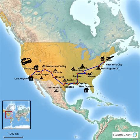 StepMap - Coast to Coast 2015 - Landkarte für USA