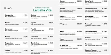 Menu at La Bella Vita, Nieuwe Niedorp