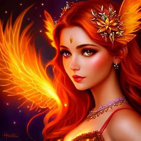 fairy goddess with warm colors, realistic, fiery ba...