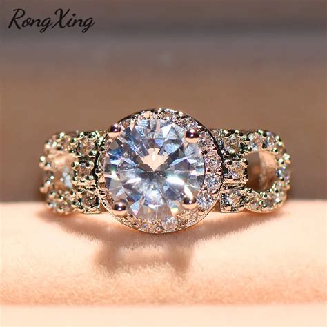 RongXing Gorgeous Round Stone April Birthstone Rings For Women White Gold Filled U Shaped AAA ...