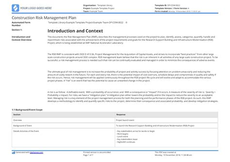 Construction Risk Management Plan Example and Sample