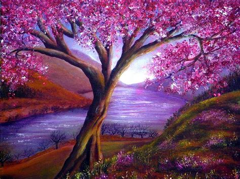 PINK FLOWERS BLOOMING, art, pencil drawing, spring, seasons, lake, tree, paintings, HD wallpaper ...