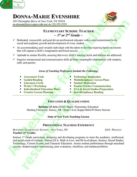 Elementary Teacher Resume Sample