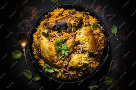 Premium AI Image | A bowl of chicken biryani with a spoon on the side.