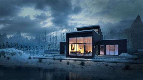 a small house sitting on top of a snow covered field next to a lake at ...