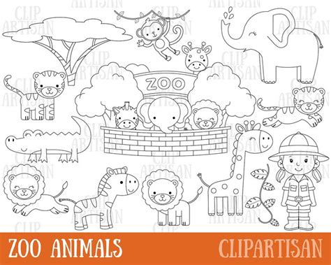 Safari Zoo Animals Clipart, Digital Stamps, Black and White Line Art - Etsy Canada | Animal ...