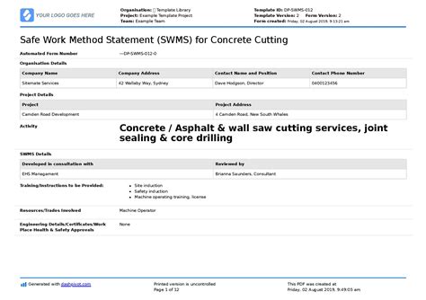 Concrete Cutting Safe Work Method Statement (Cutting SWMS)