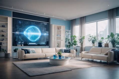 Premium AI Image | Concept art of AI in a house Holographic smart technology Modern living room ...