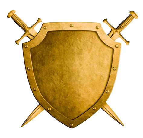 Metal medieval shield and crossed swords behind it isolated on w — Stock Photo © Andrey_Kuzmin ...