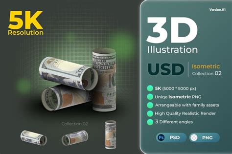 Premium PSD | Realistic 3d dollar usd money isometric render and arrangable