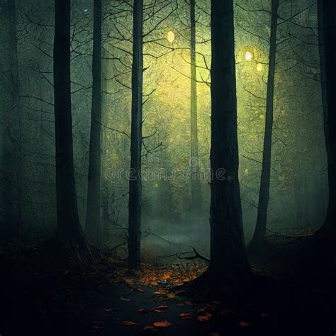 Gloomy forest in the fog stock illustration. Illustration of background - 267035454