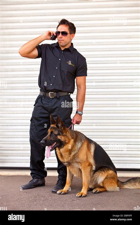 Security guard with German Shepherd guard dog Stock Photo - Alamy