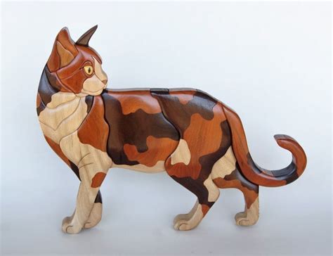 Calico Cat Intarsia Wall Hanging Wood Carving Wooden Kitten Mosaic Decor Kitty Decoration Carved ...