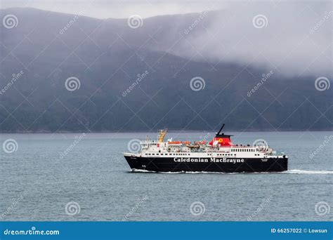 Calmac Ferry On The Sea With Green Mountains In The Background ...