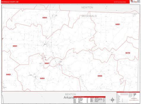 McDonald County, MO Zip Code Wall Map Red Line Style by MarketMAPS