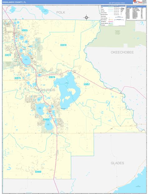 Highlands County, FL Zip Code Wall Map Basic Style by MarketMAPS