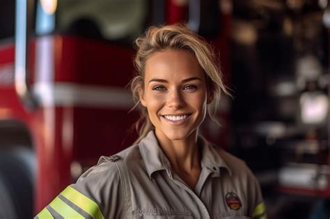 Premium AI Image | A smiling female firefighter in front of the fire truck with Generative AI