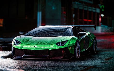 Download wallpapers 4k, Lamborghini Aventador, rain, tuning, supercars, green Aventador, italian ...