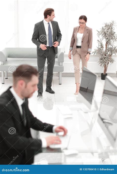 Businessman Uses a Computer with the Bank Lobby Stock Photo - Image of ...