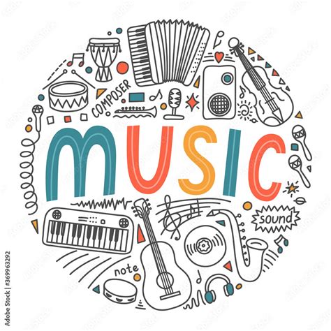 Music. School subjects. Hand drawn doodles and lettering on white ...