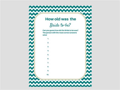 Teal How old were they Game Bridal Shower Games - Magical Printable