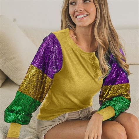 Ladies Mardi Gras Color Block Sequins Sleeve Gold Knit Top - Mardi Gras Apparel