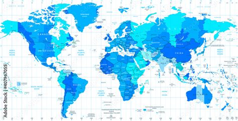 Detailed World map standard time zones in colors of blue Stock Vector | Adobe Stock