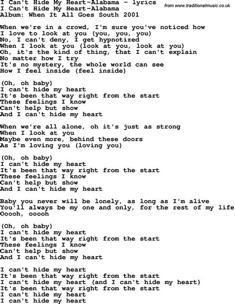 Love Song Lyrics for:I Can't Hide My Heart-Alabama