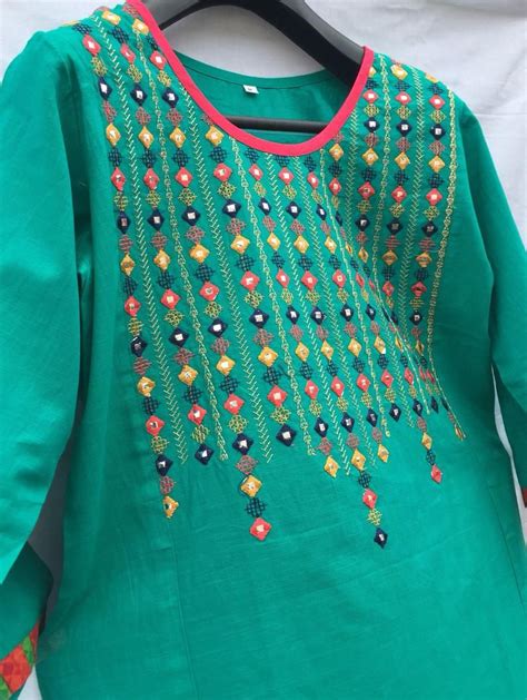 Green mirror work and embroiderd cotton kurta,embroidered Indian clothing, Indian tunic maxi ...